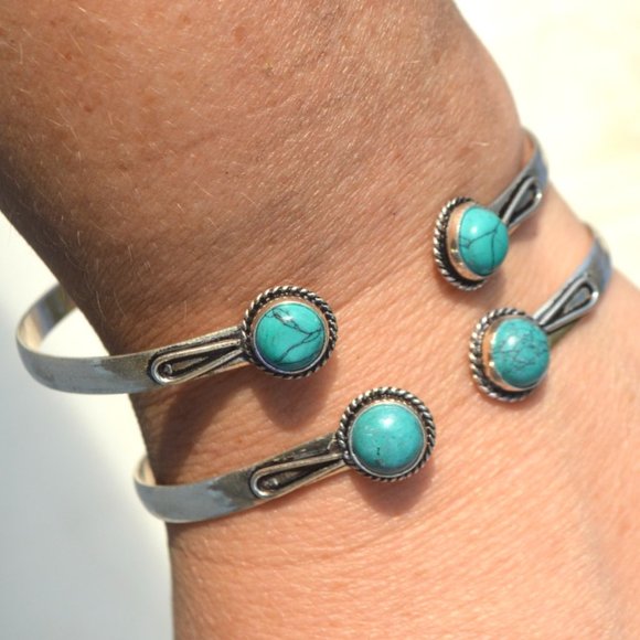 Jewelry - Turquoise Bracelet Silver Plated 2 Cuffs Set Boho